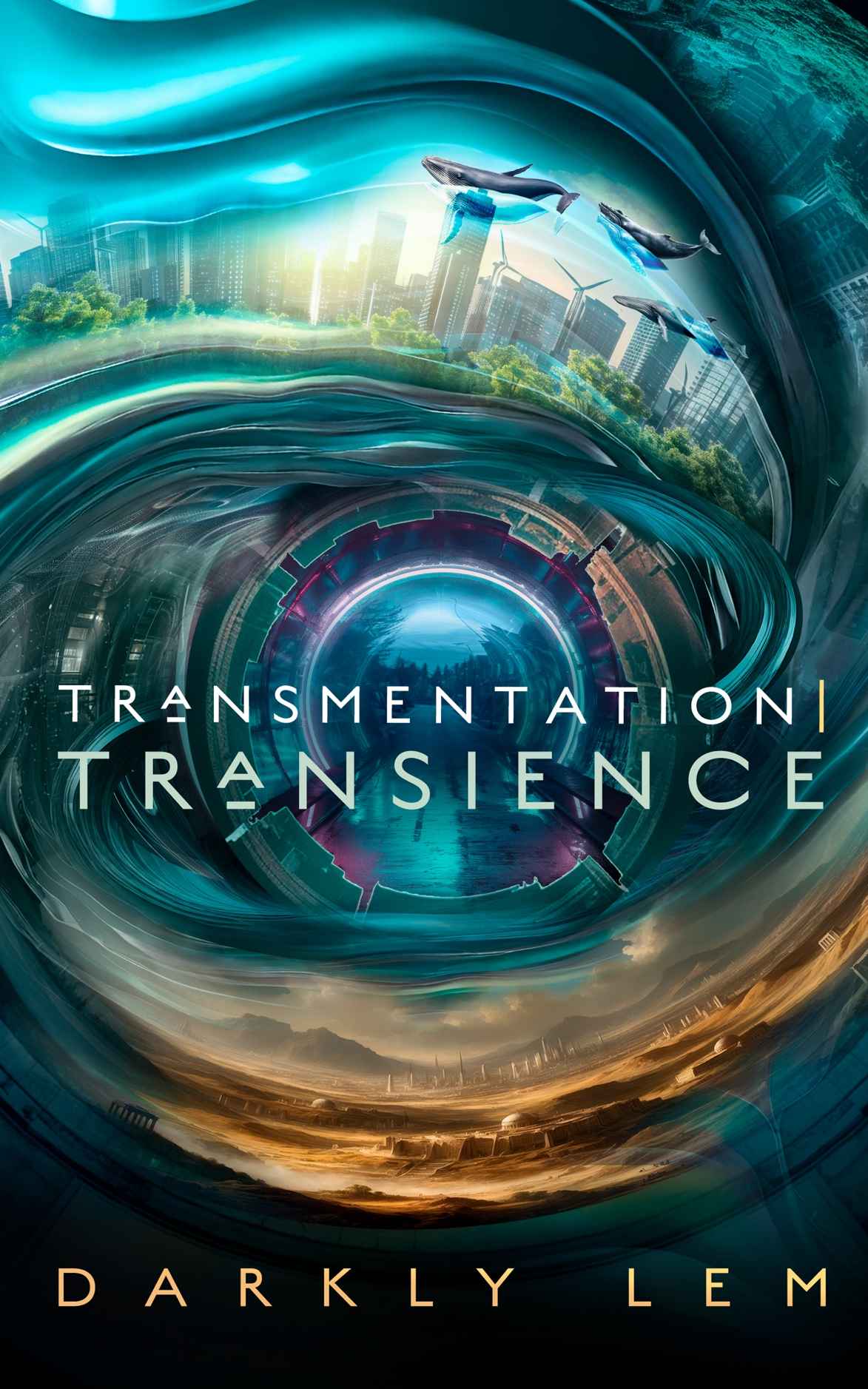 A teal, purple and amber circular swirl with images of different landscapes (various futuristic cityscapes, an endless suburban street, a desert world) and flying whales. Text reading Transmentation | Transience by Darkly Lem.